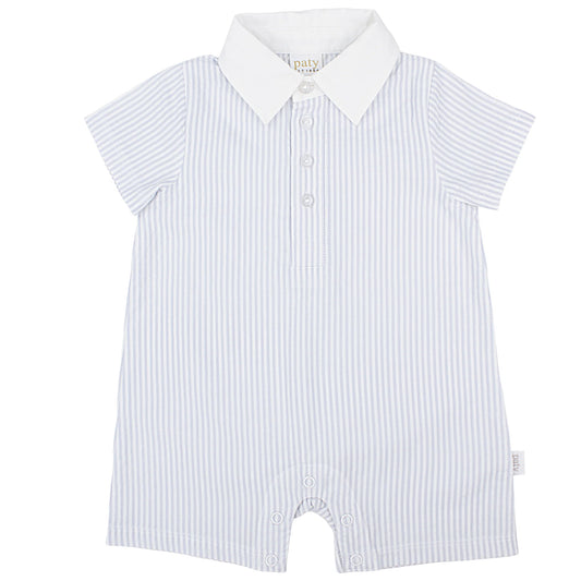 Paty Organic Cotton Seersucker Baby Boy Shortall with Collar | Blue