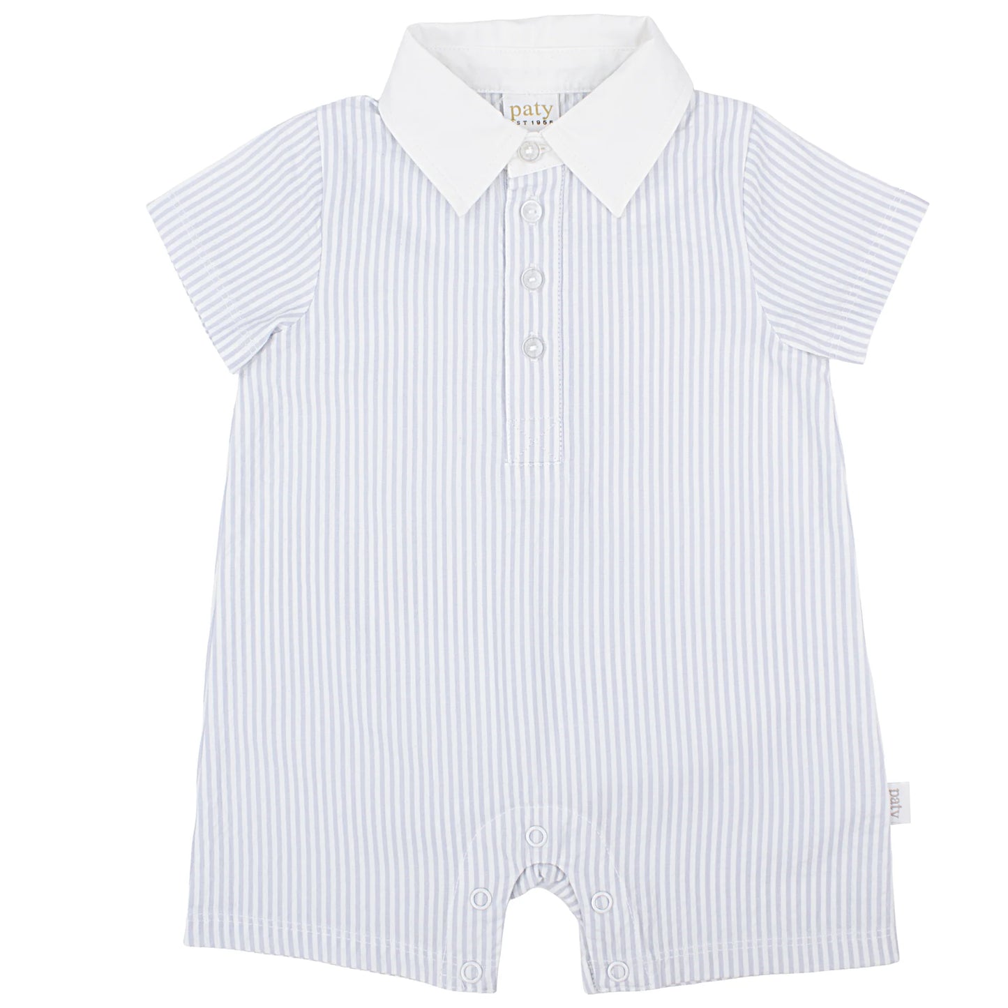 Paty Organic Cotton Seersucker Baby Boy Shortall with Collar | Blue