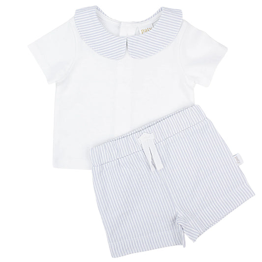 Paty Organic Cotton Baby Boy Set w/ Peter Pan Collar Shirt and Stripe Shorts | Blue