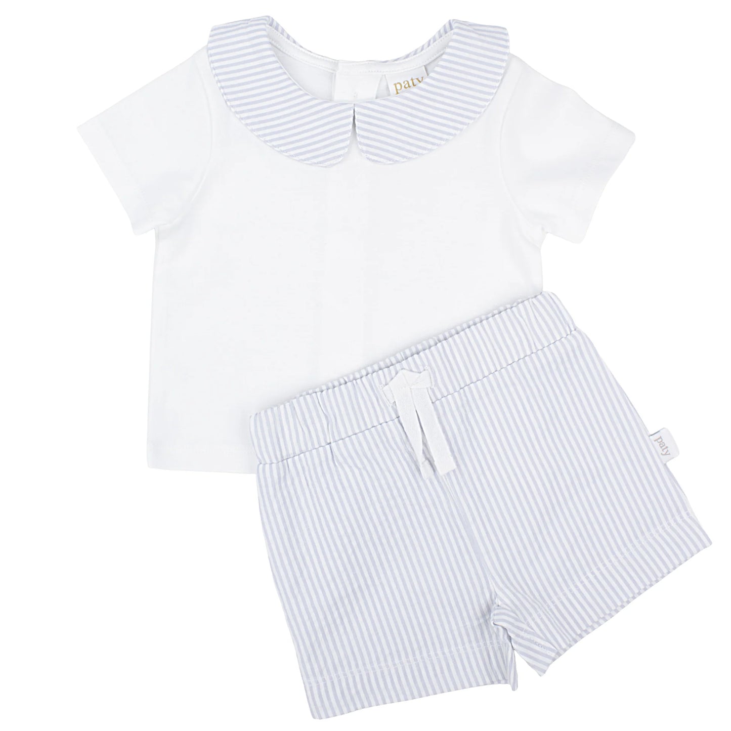 Paty Organic Cotton Baby Boy Set w/ Peter Pan Collar Shirt and Stripe Shorts | Blue