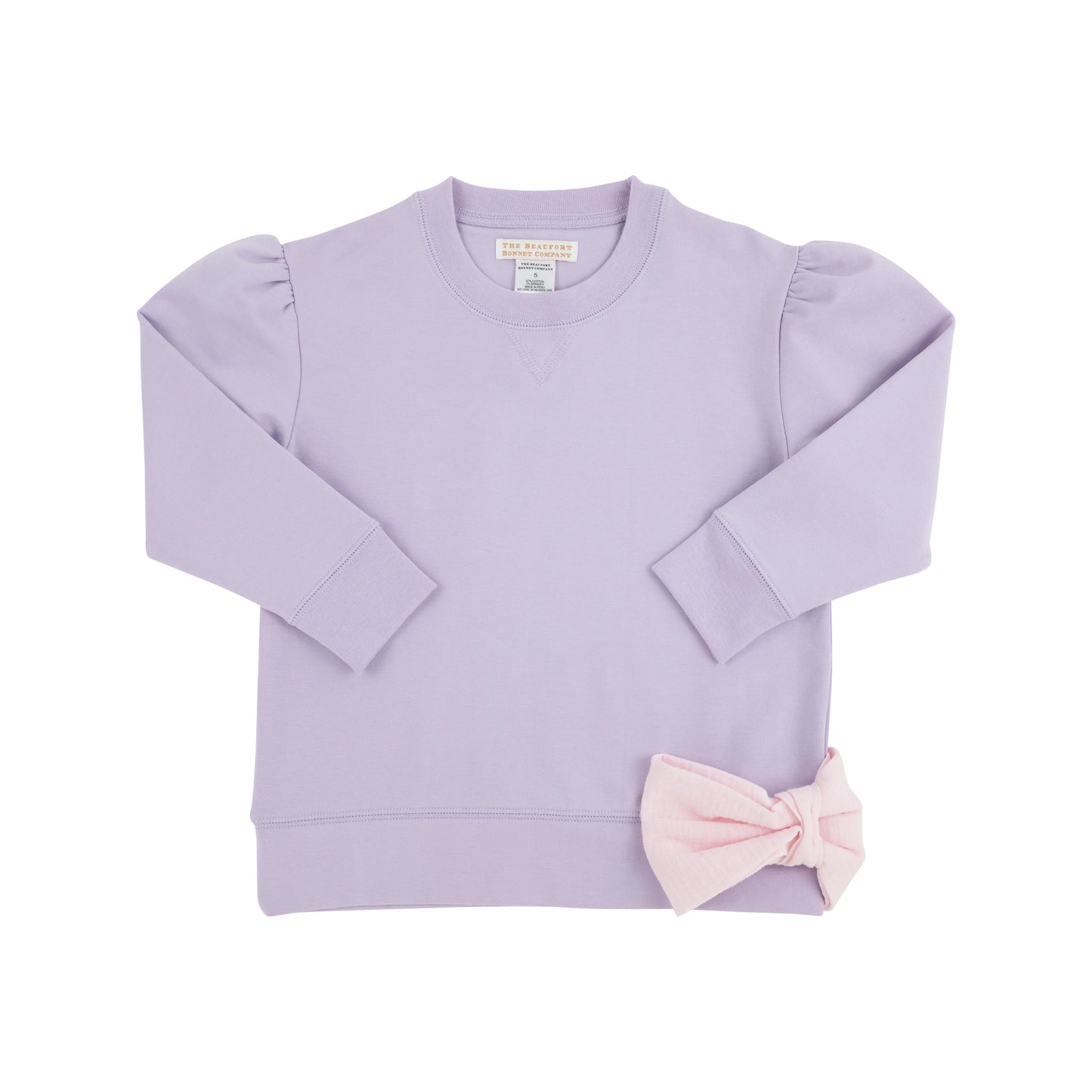 Puff Sleeve Cassidy Comfy Crewneck | Lauderdale Lavender with Palm Beach Pink Bow