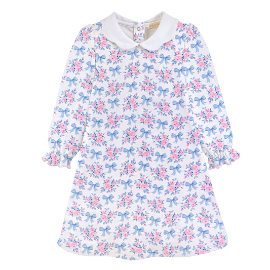 Blue Floral Bows Dress w/ Scalloped Collar