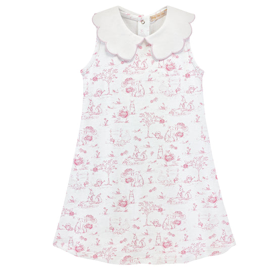 Pink Toile Bunnies Dress w/Scalloped Collar