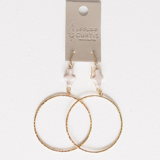 Evan | Hammered Gold Hoop, Gold Frame Pearl Cross 1.5"