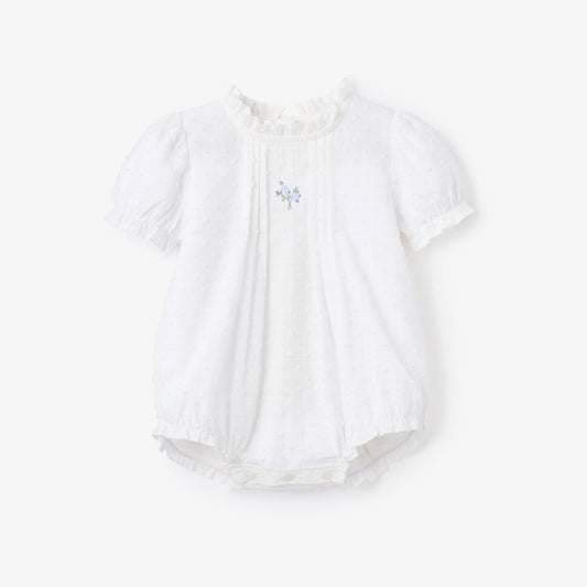 Swiss Dot Pintucked Bubble w/ Rose Embroidery