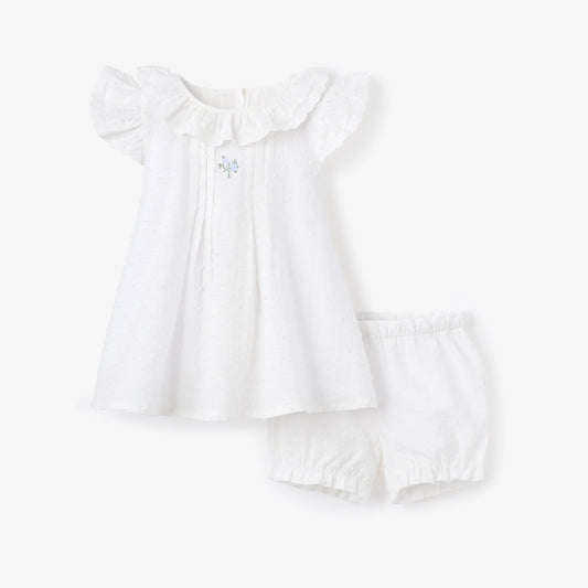 Swiss Dot Pintucked Dress w/ Rose Embroidery