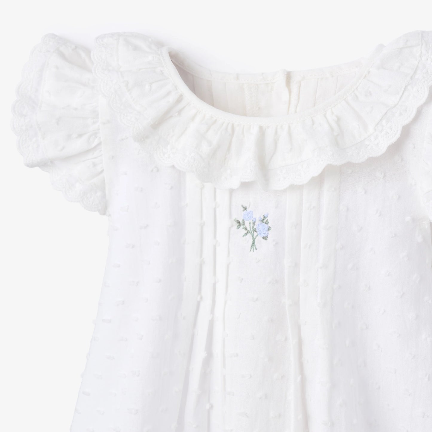 Swiss Dot Pintucked Dress w/ Rose Embroidery