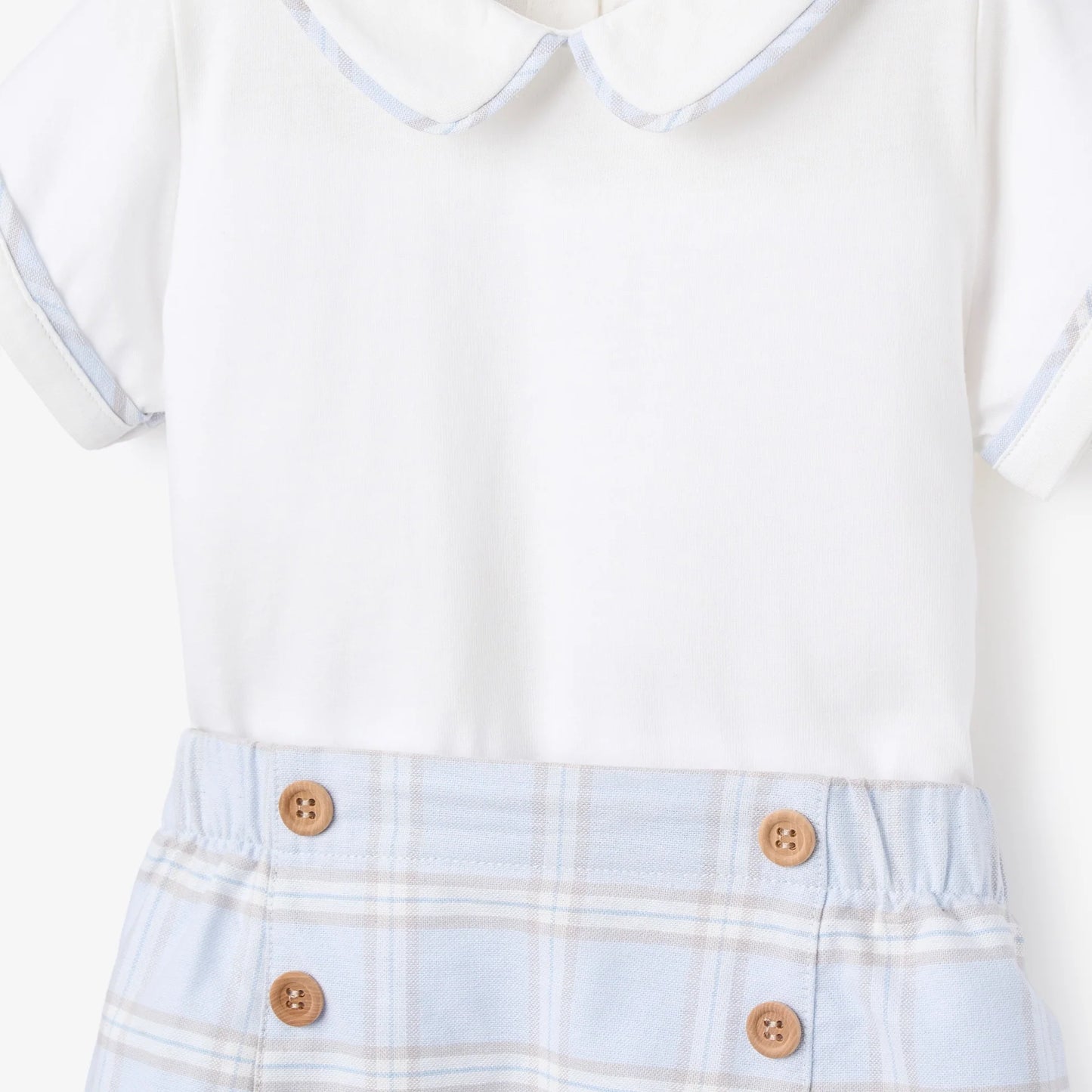 Blue Gray Plaid Trimmed Collar Bodysuit & Short Set