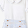 Blue Gray Plaid Trimmed Collar Bodysuit & Short Set
