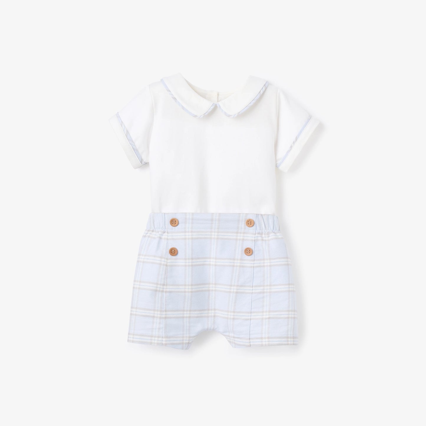 Blue Gray Plaid Trimmed Collar Bodysuit & Short Set