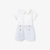 Blue Gray Plaid Trimmed Collar Bodysuit & Short Set