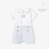 Blue Gray Plaid Trimmed Collar Bodysuit & Short Set