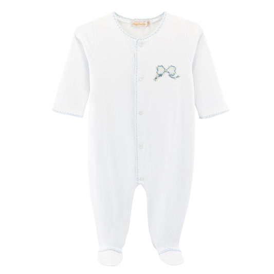 Pretty Bows Embroidered Footie w/Crochet Trim | Blue