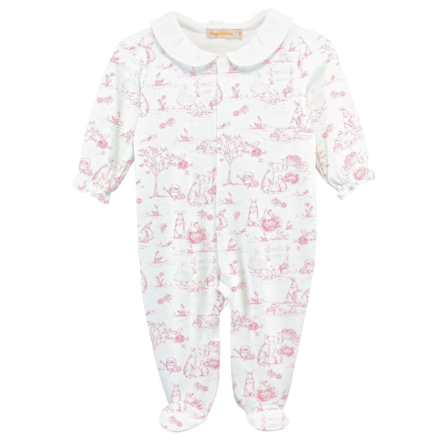 Pink Toile Bunnies Footie w/Round Collar