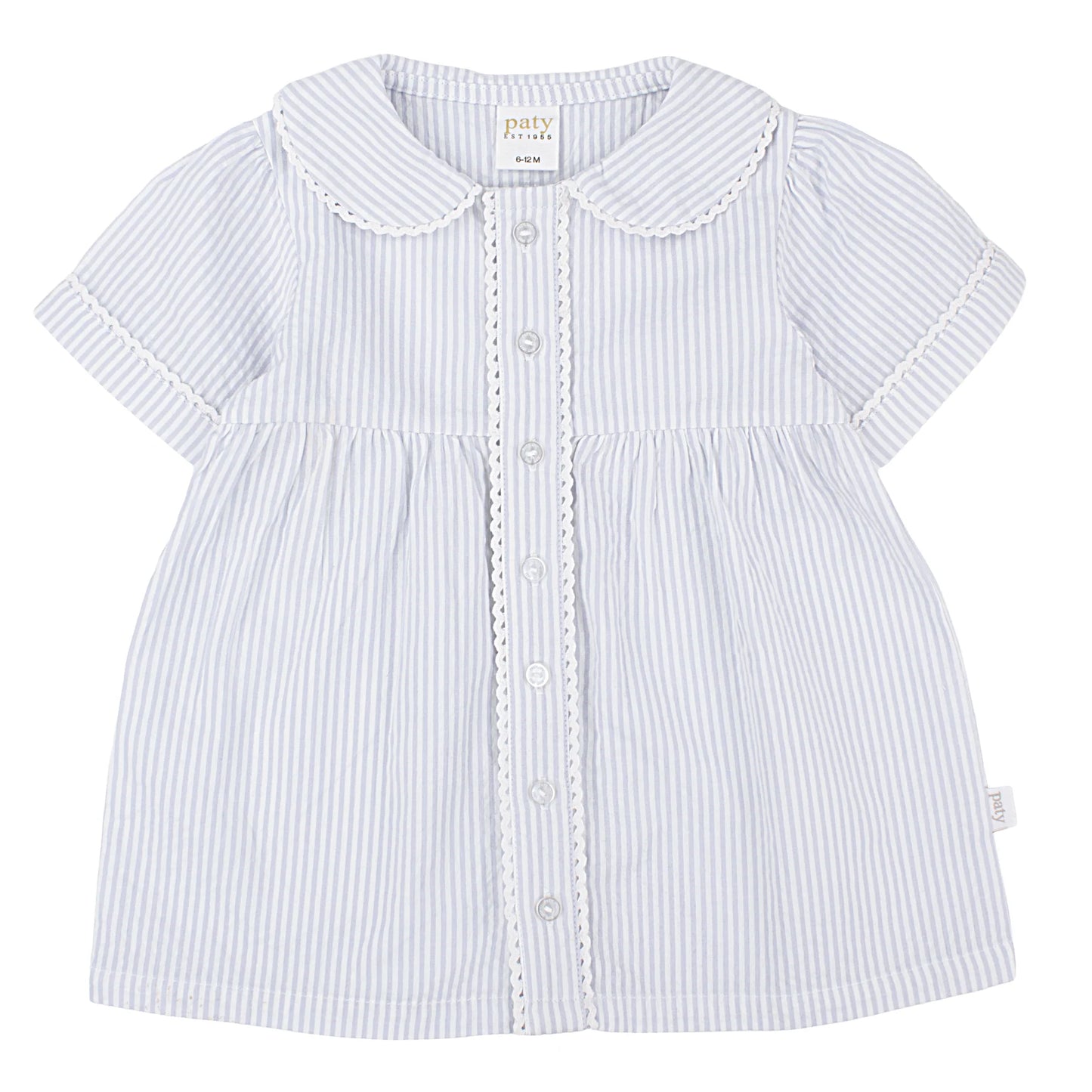 Paty Organic Cotton Seersucker Dress with Ric Rac Trim | Blue