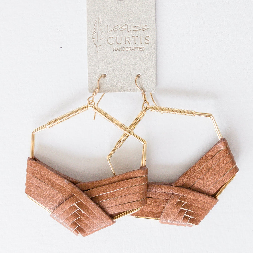 Kendra | Braided Leather On Gold Hexagon 2" | Saddle