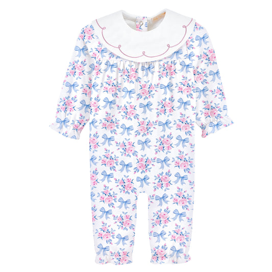 Blue Floral Bows Playsuit w/Bib Collar