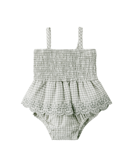 Smocked Skirted Romper | Sage Gingham