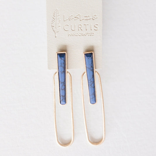 Rhodes | Gold oblong with blue stone 2.25" long