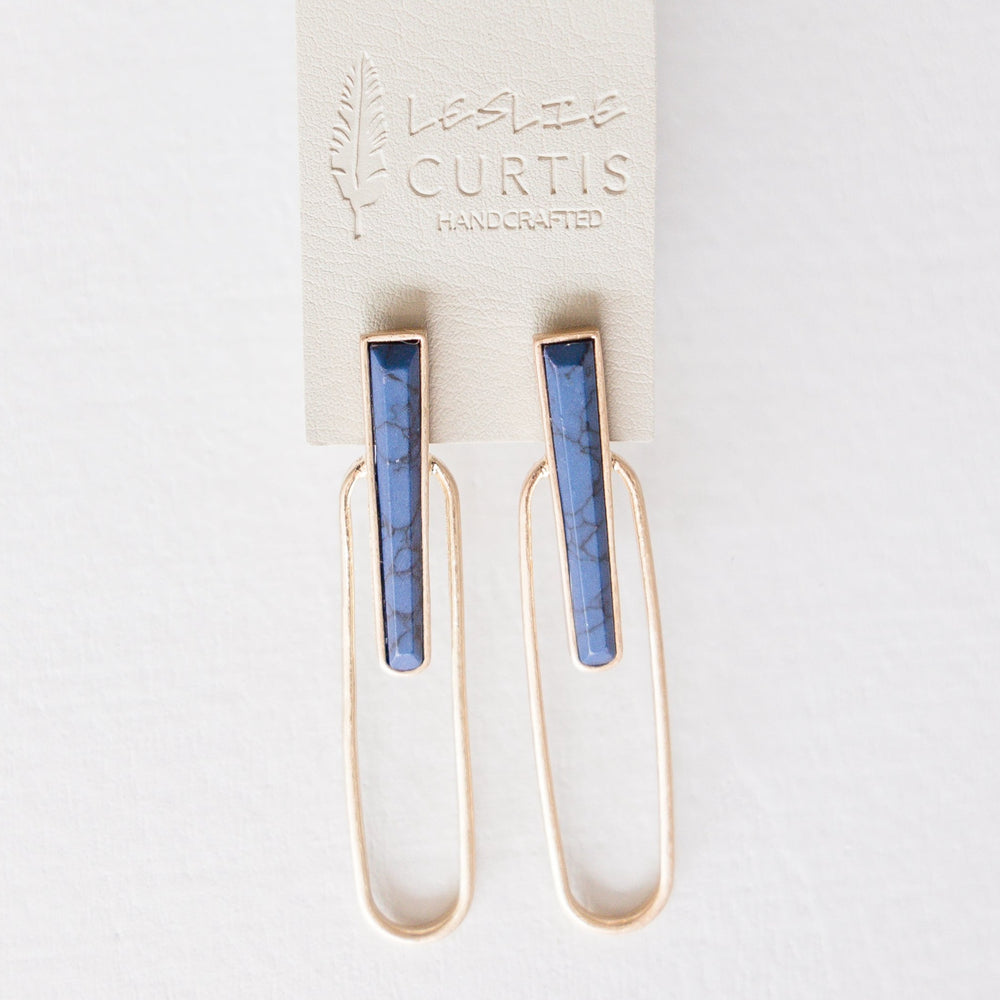Rhodes | Gold oblong with blue stone 2.25" long
