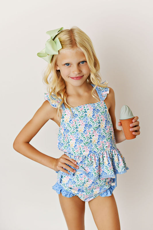 2-PC Tunic Swimsuit | Floral + Periwinkle Dot | UPF 50