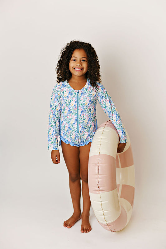 1-PC Rashguard Swimsuit | Floral + Periwinkle Dot | UPF 50
