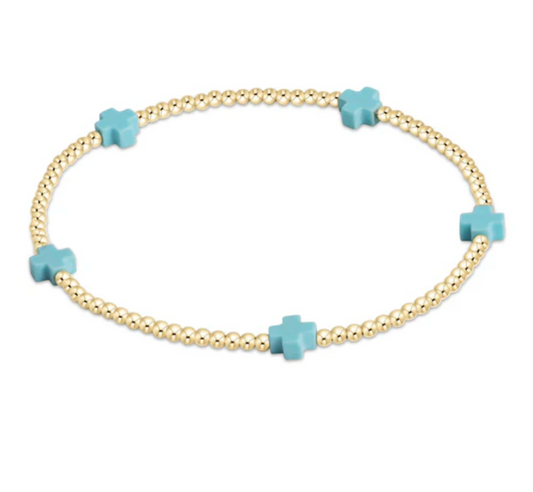 Signature Cross Small Gold pattern 2mm Bead Bracelet | Turquoise