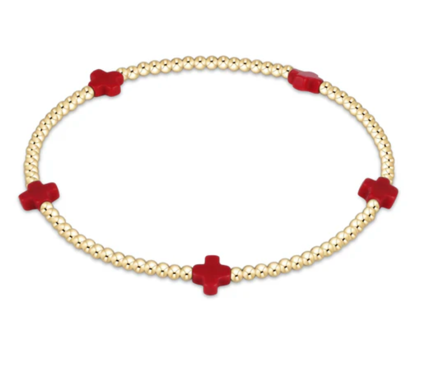 Signature Cross Small Gold Pattern 2mm Bead Bracelet | Red