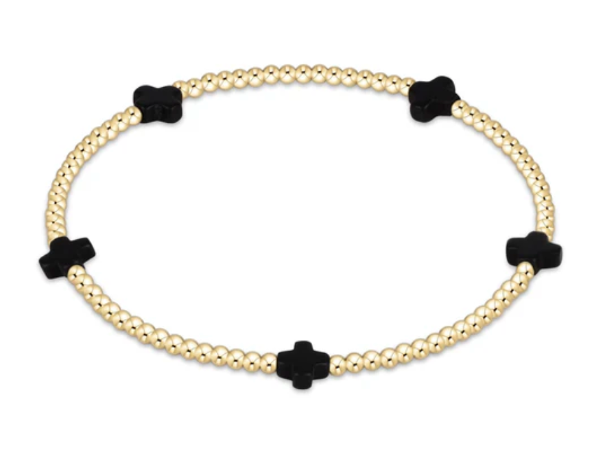 Signature Cross Small Gold Pattern 2mm Bead Bracelet - Onyx