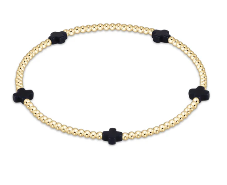 Signature Cross Small Gold Pattern 2mm Bead Bracelet | Navy