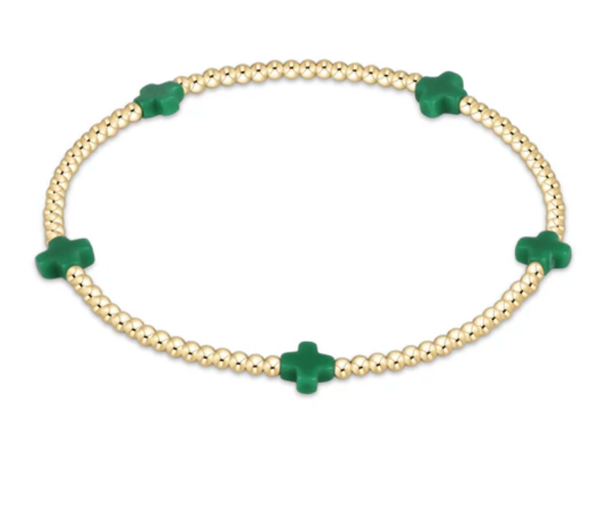 Signature Cross Small Gold Pattern 2mm Bead Bracelet | Emerald