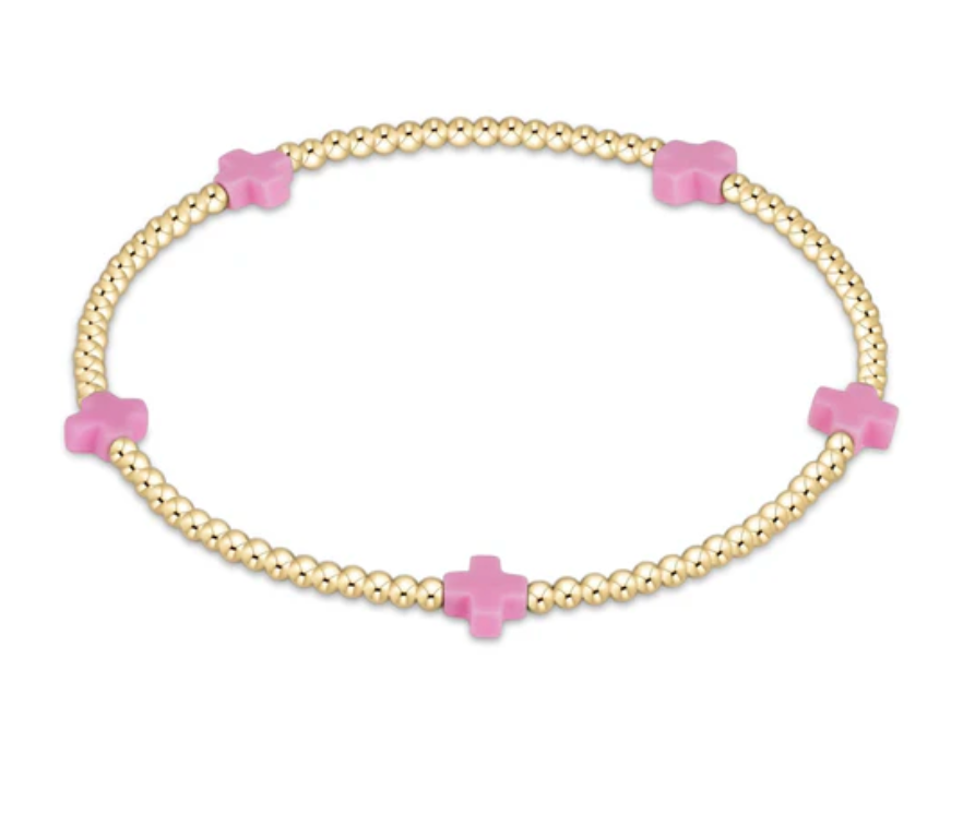Signature Cross Small Gold 2mm Bead Bracelet | Bright Pink