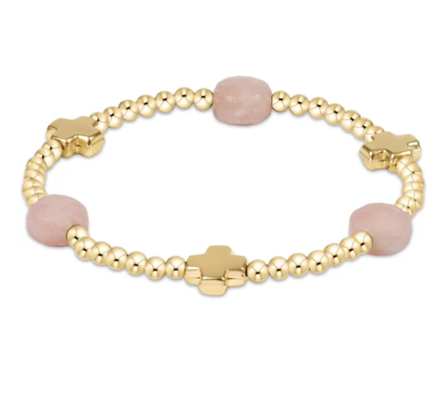 Signature Cross Admire Gold Pattern 3mm Bead Bracelet | Pink Opal