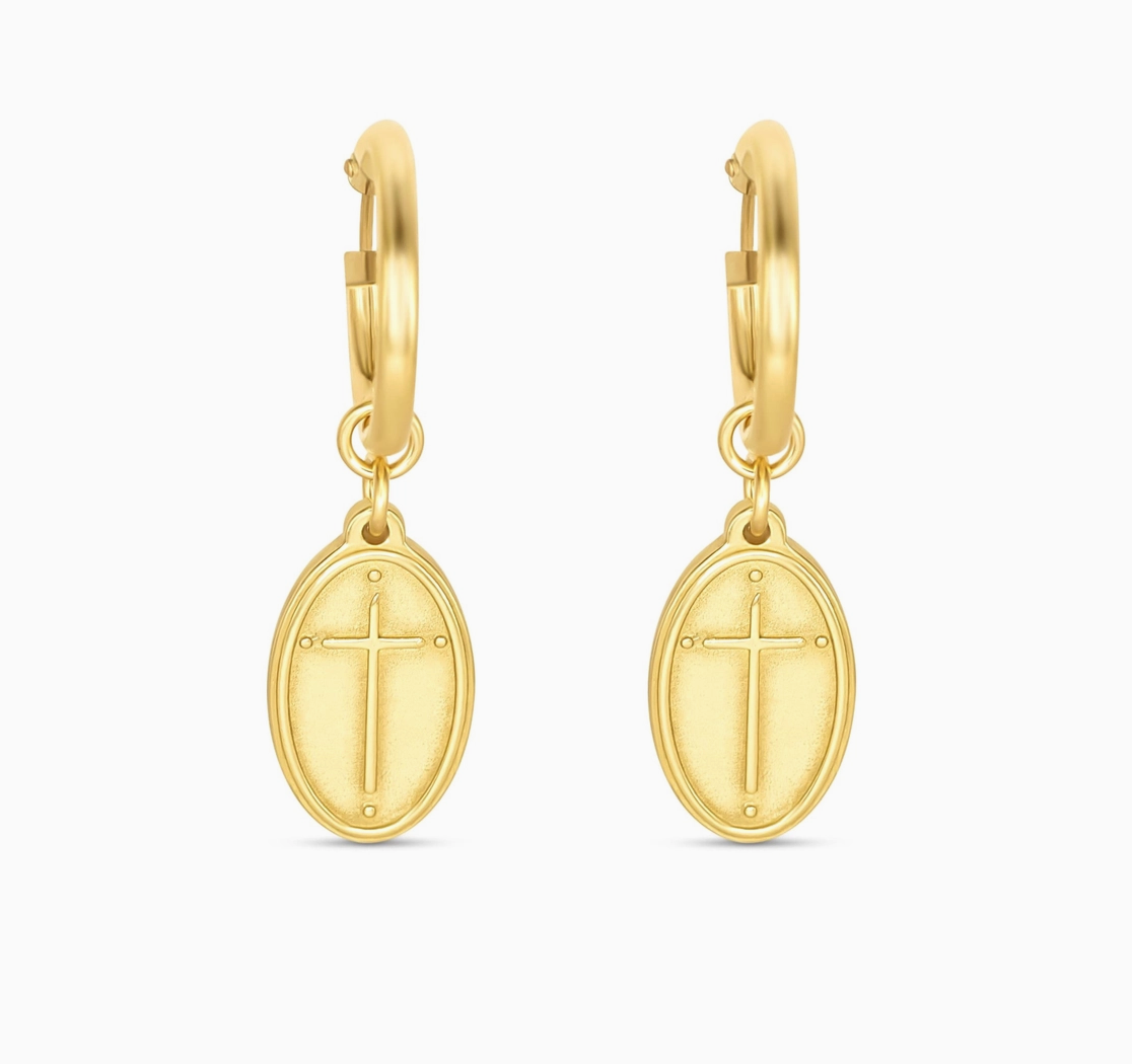 Romans 5:8 | Oval Cross Hoop Earring | Petite Pendant