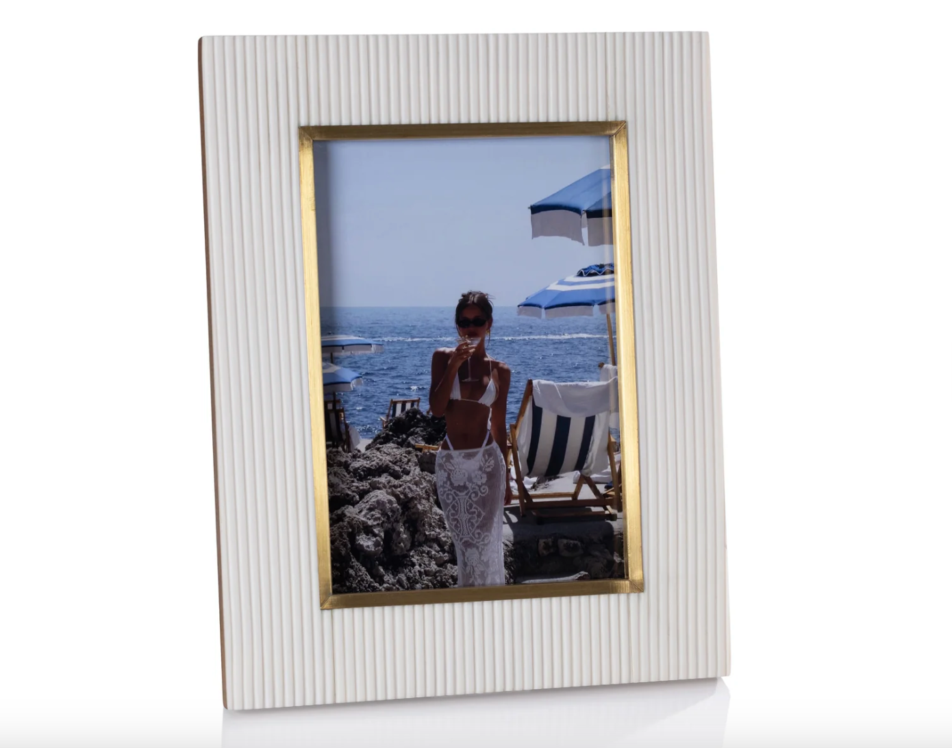 Bossa Ribbed White Resin Photo Frame with Brass Border | 5x7