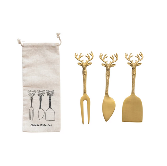 Brass Cheese Knives with Reindeer Handles | Set of 3