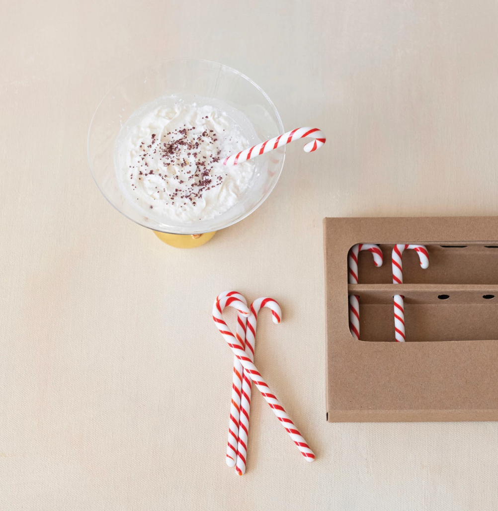 Glass Candy Cane Shaped Stir Sticks | Set of 6