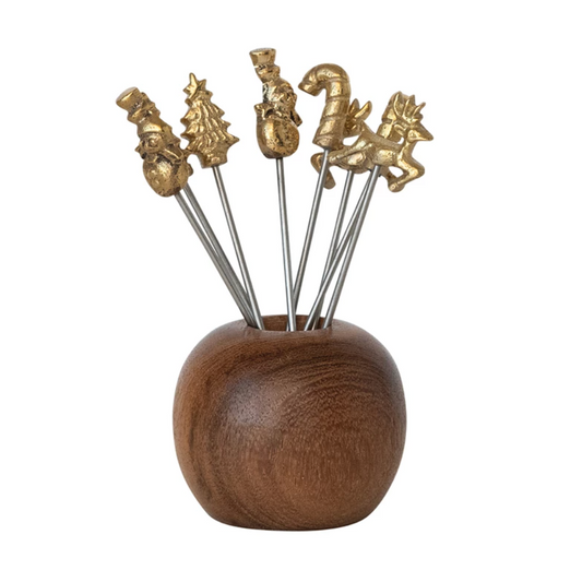 Mango Wood Holder with Appetizer Picks | Set of 8