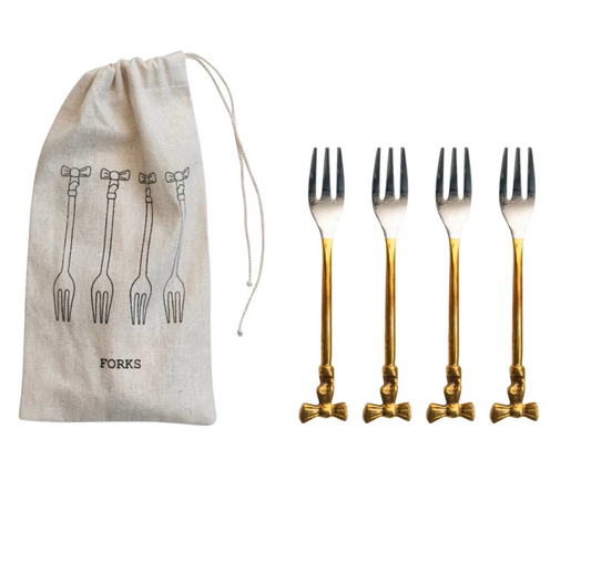 Appetizer Forks with Gold Finish Bow Handles | Set of 4 in Drawstring Bag