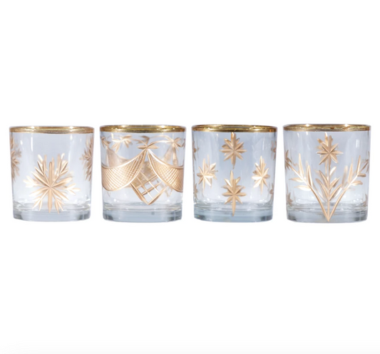 Hand-Painted Etched Glass Votive Holder with Holiday Design | 4 Styles
