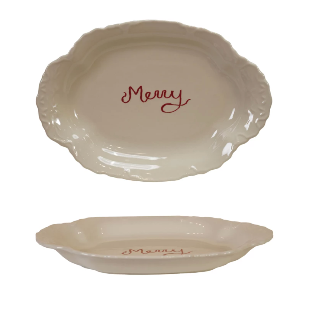 "Merry" Stoneware Scalloped Platter with Embossed Edge