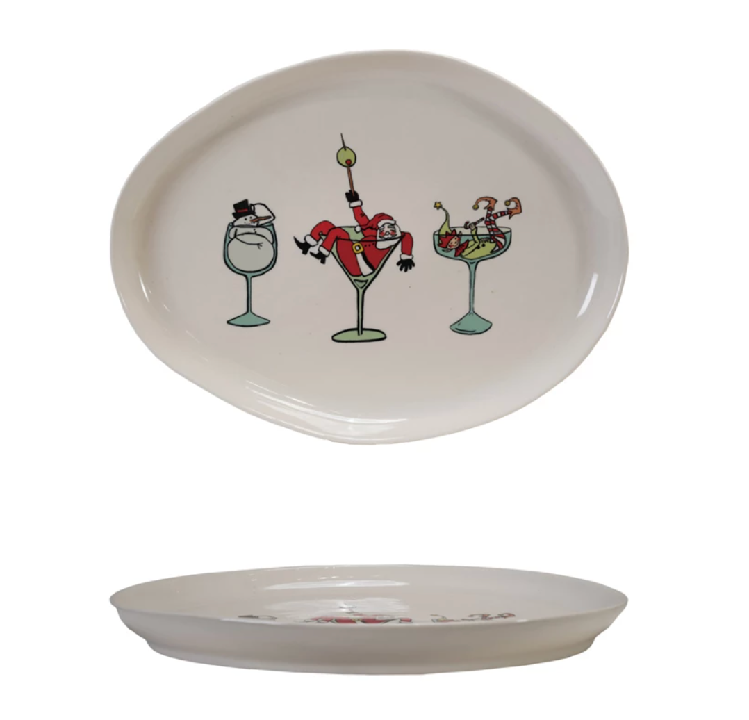 Stoneware Platter with Tipsy Holiday Icon