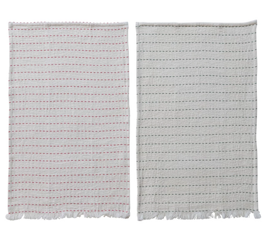 Tea Towel with Hand-Embroidered Kantha Stitch & Frayed Edges | 2 Colors