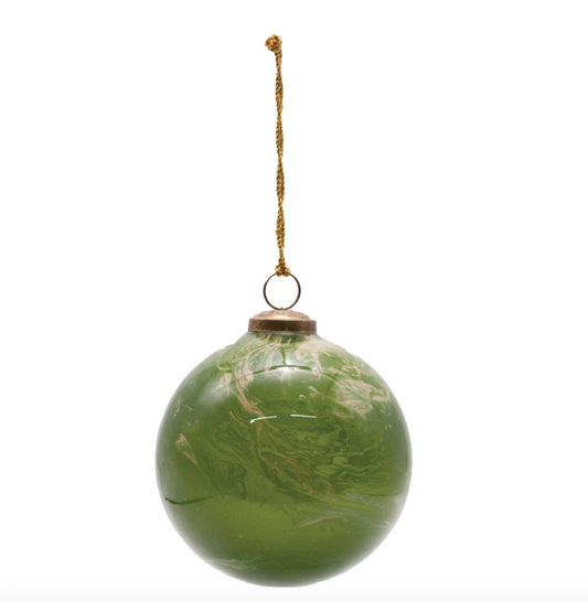 5" Round Glass Ball Ornament | Marbled Green & Gold Finish