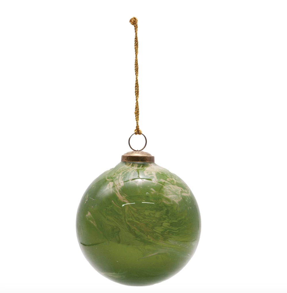 5" Round Glass Ball Ornament | Marbled Green & Gold Finish