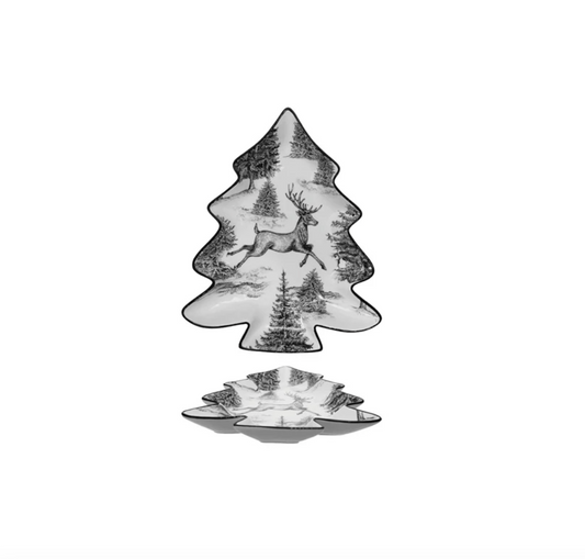 Ceramic Tree Shaped Plate with Woodland Deer Scene & Colored Edge