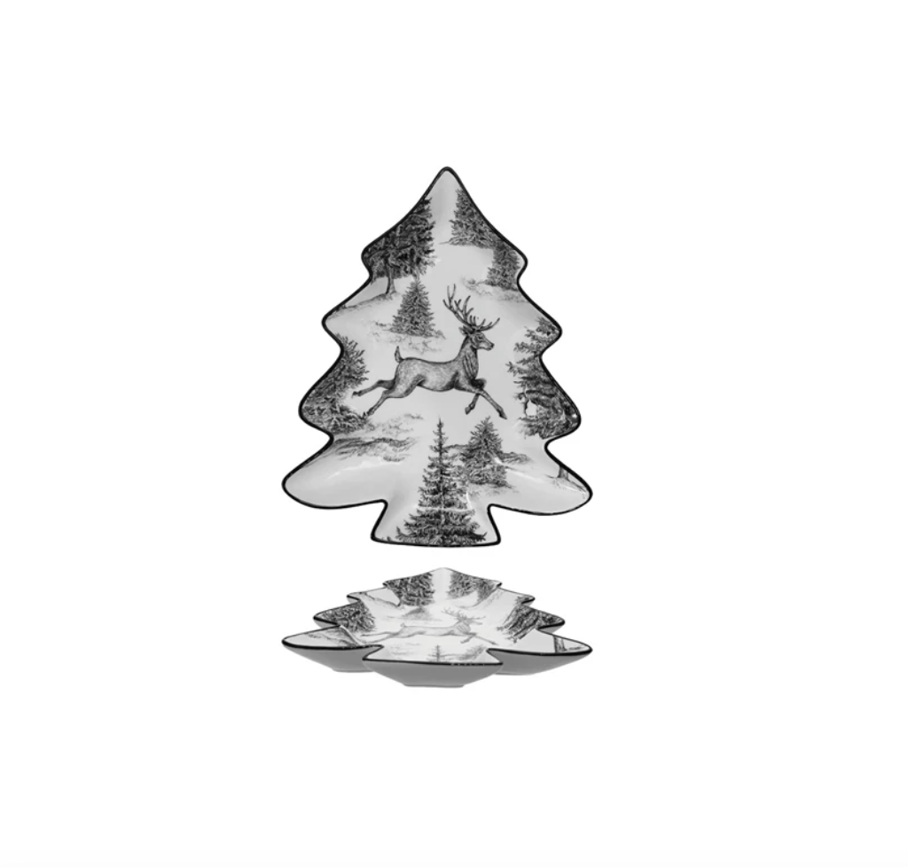 Ceramic Tree Shaped Plate with Woodland Deer Scene & Colored Edge