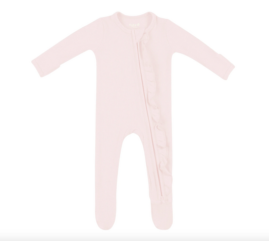 Ribbed Ruffle Zippered Footie | Blush
