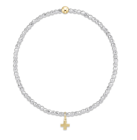 Bright Silver Faceted Hematite 2mm Bead Bracelet | Signature Cross Gold Charm