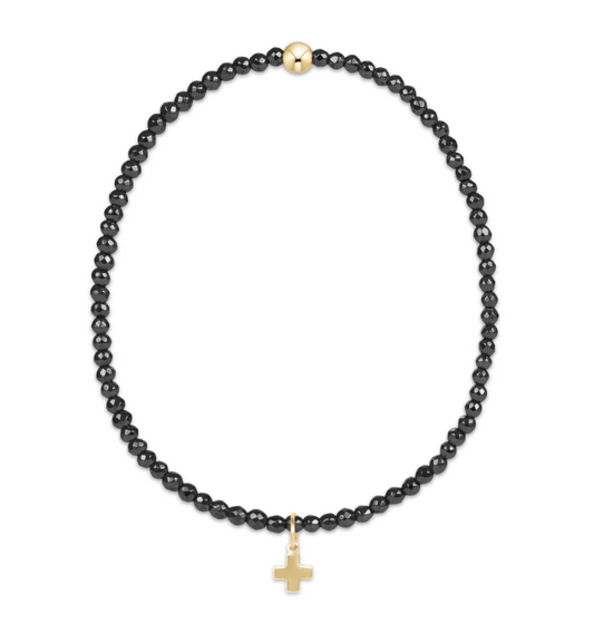 Faceted Hematite 2mm Bead Bracelet | Signature Cross Gold Charm
